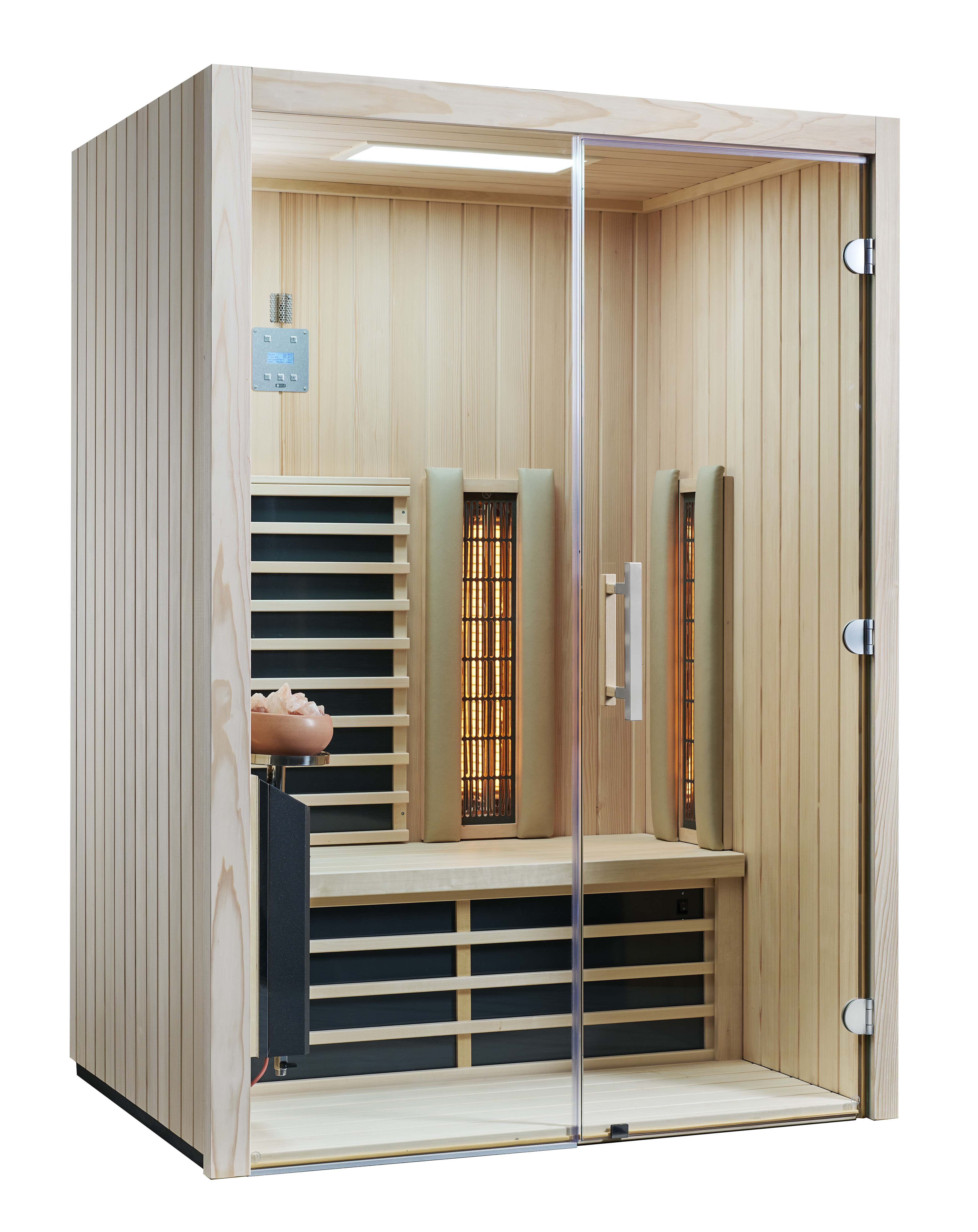 Infraworld Infrarotkabine TrioSol Glas 145 VG Tanne ABC-Strahler/Salzverdampfer 145x112 cm