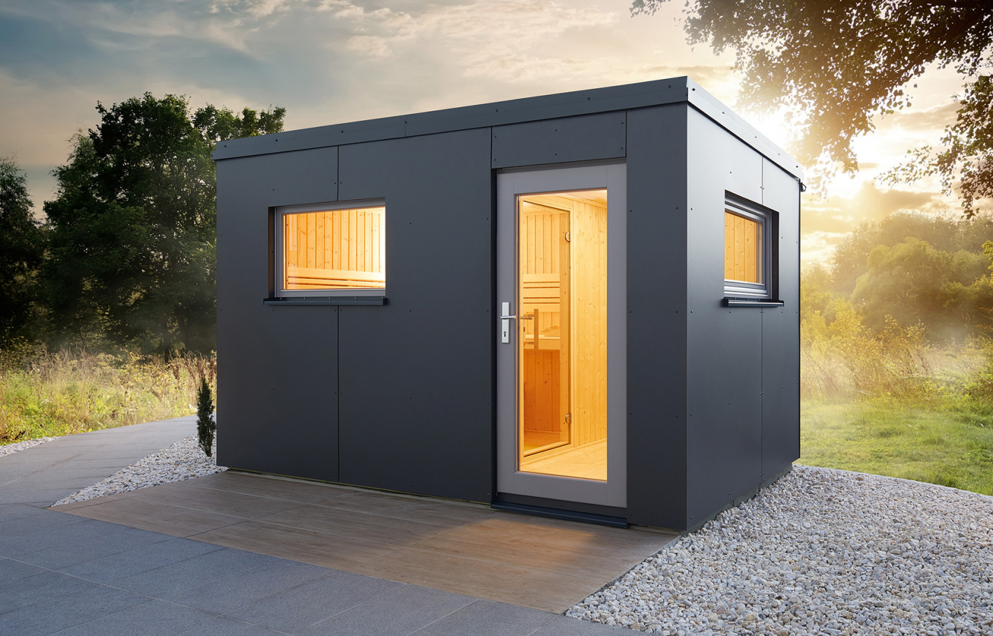 Infraworld Luna 2 Außensauna mit HPL-Platten Anthrazit versch. Fenstergrößen und Inneneinrichtung