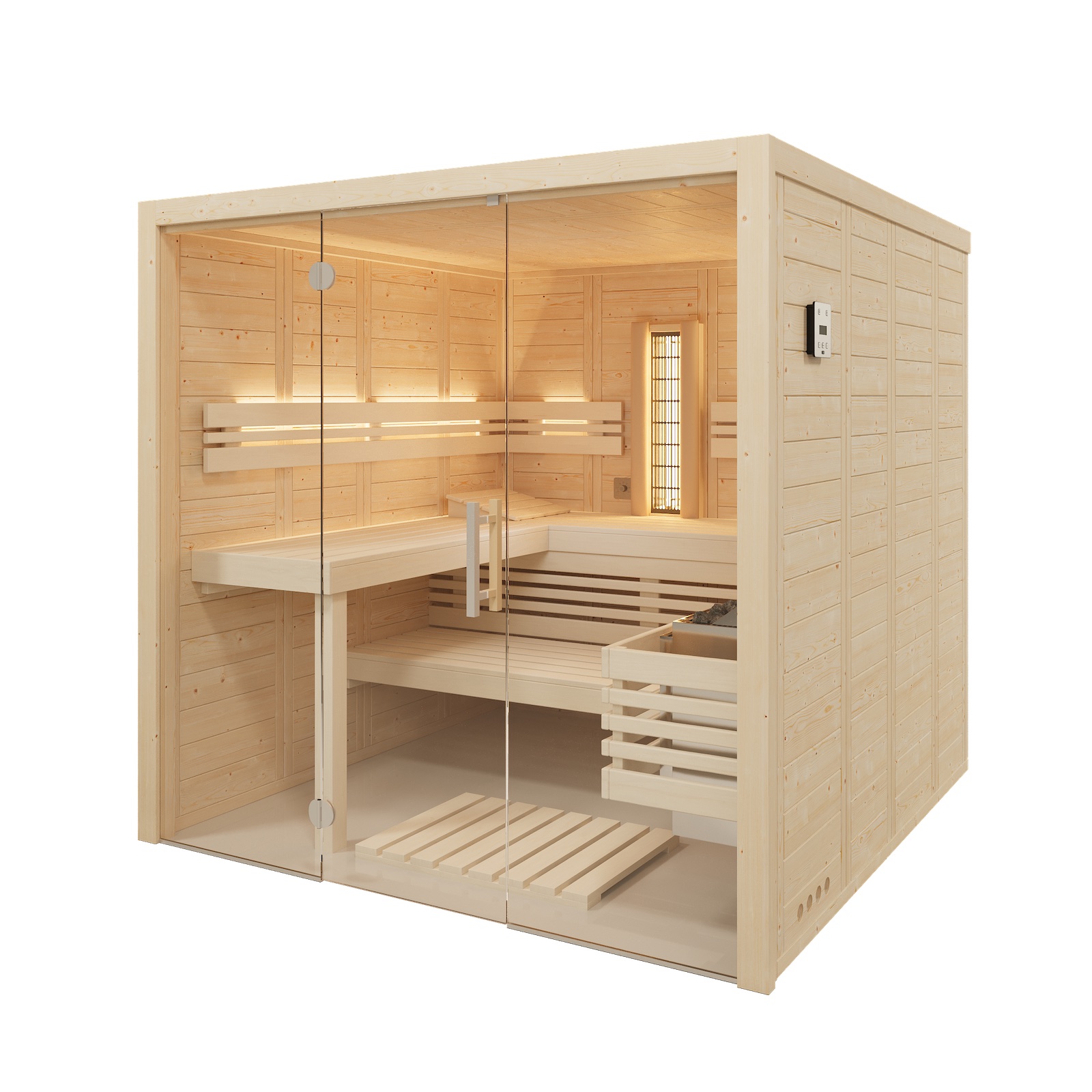 Infraworld Solido Glas Complete Massivholzsauna mit Infrarotstrahler 210x167x202cm