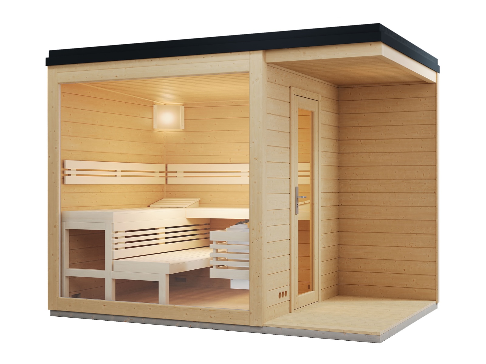 Infraworld Gartensauna CASA 3 Außensauna Massiv mit Vordach 215,6 x 328,6 cm
