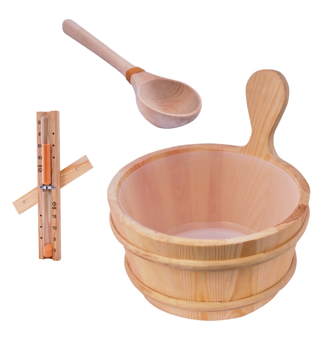 Sentiotec Sauna-Set Basic Aufgusseimer mit Saunakelle und Sanduhr aus Holz
