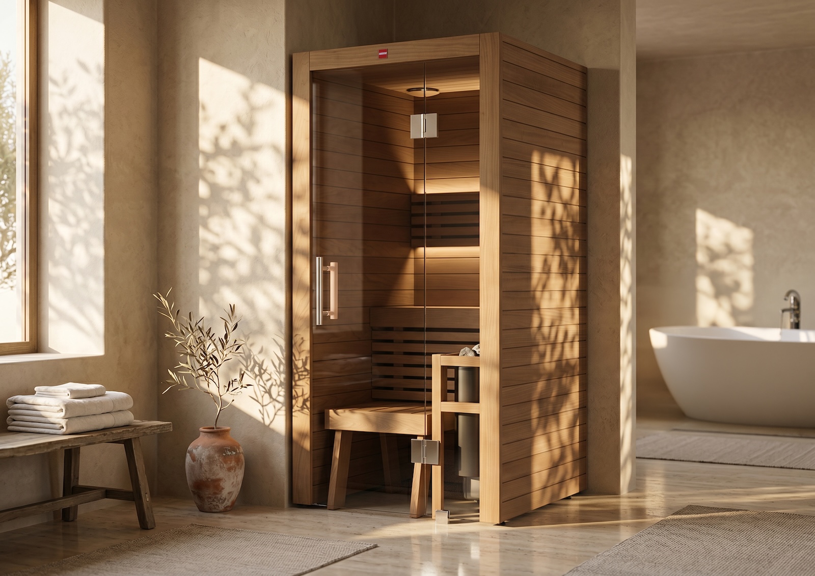 Harvia Utu Mini Saunakabine Design-Sauna aus Thermoholz 95x95x203cm inkl. LED Beleuchtung