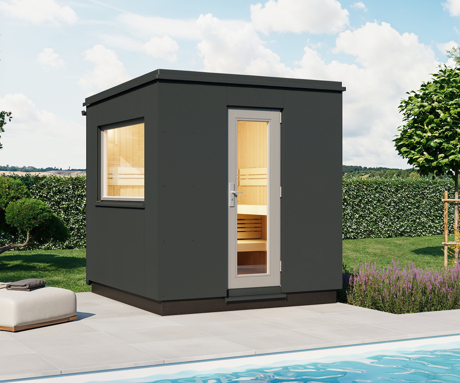 Infraworld Luna 1 Außensauna mit HPL-Platten Anthrazit versch. Fenstergrößen und Inneneinrichtung