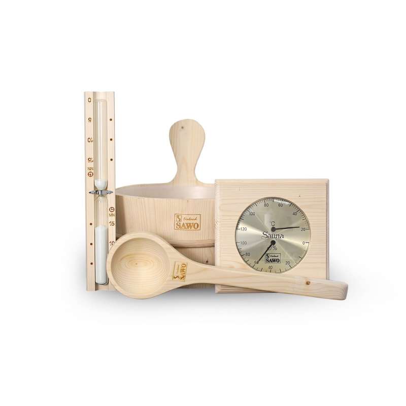SAWO Saunazubehör-Set 5-teilig Saunazubehörset Kübel Kelle Sanduhr Thermohygrometer