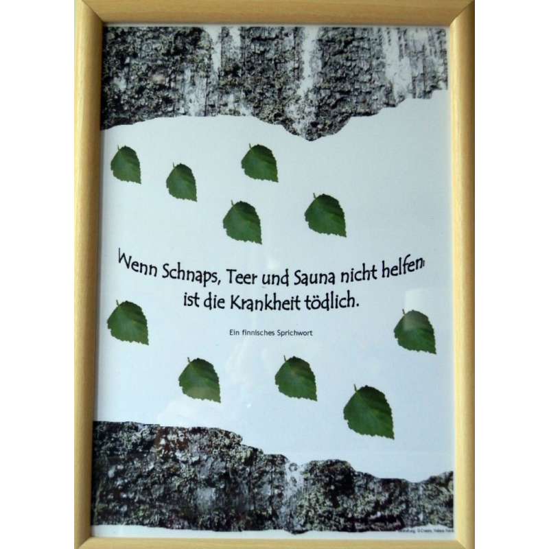 Finlax Saunaposter Teer und Sauna finnischer Saunaspruch DinA4 im schwarzem Holzrahmen