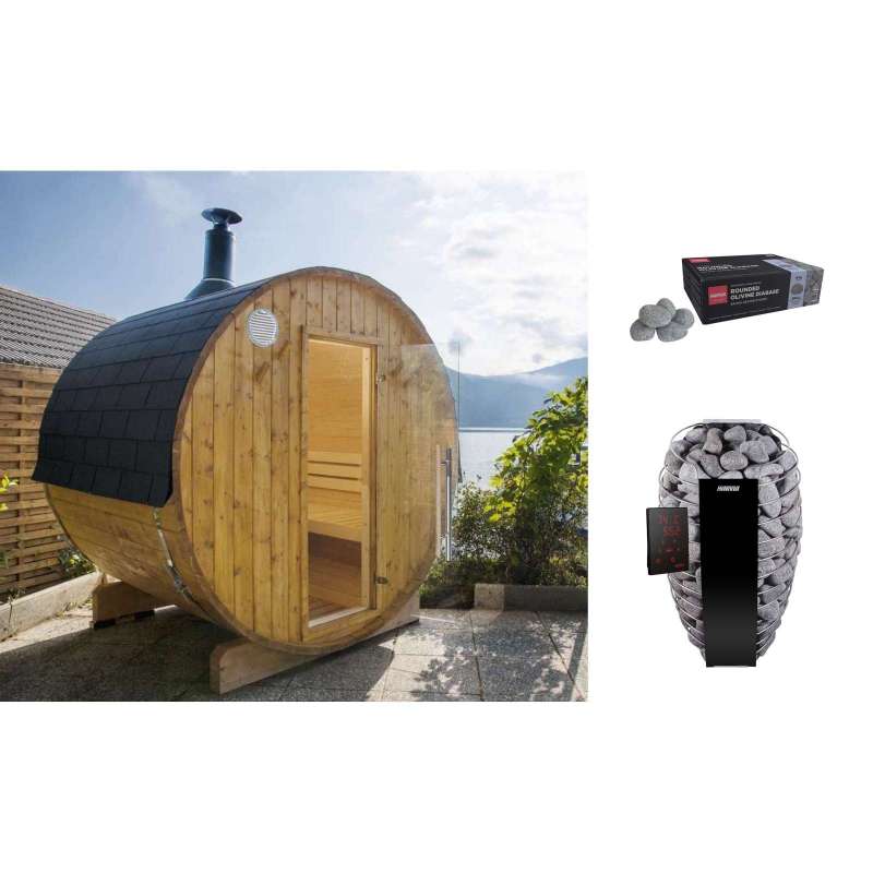 Harvia Kammi 220 Saunafass Komplett-Set mit Harvia Spirit 9 kW Saunaofen WiFi und Saunasteine