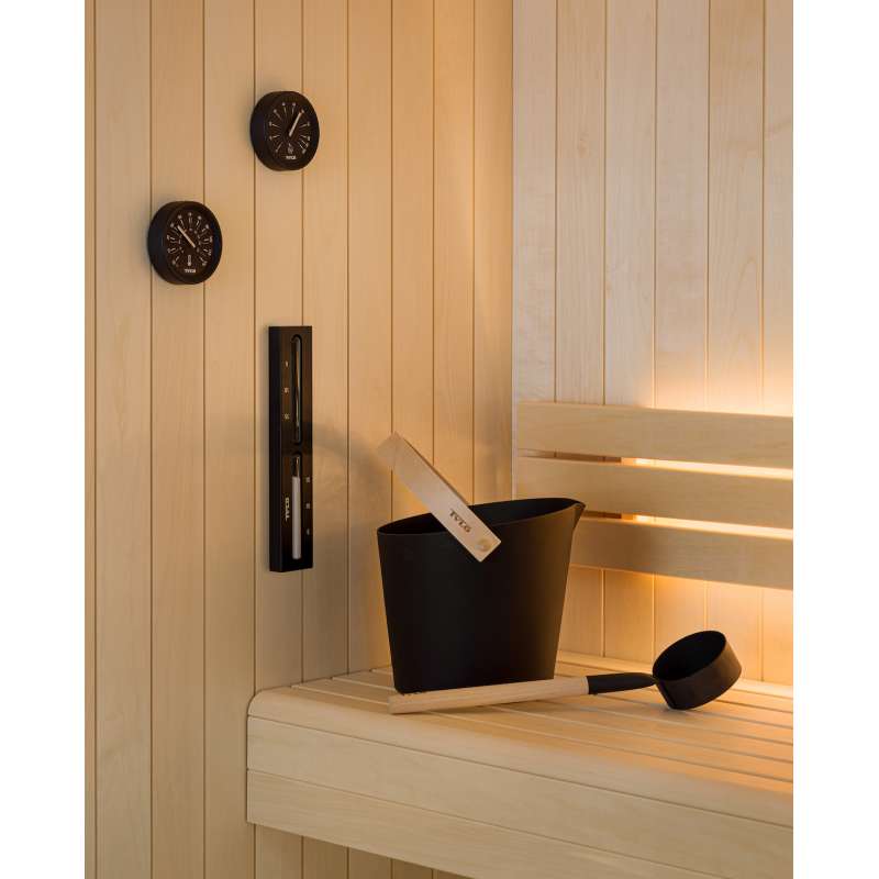Tylö Saunazubehör Set Brilliant Black Saunakübel Saunakelle Thermometer Hygrometer Sanduhr