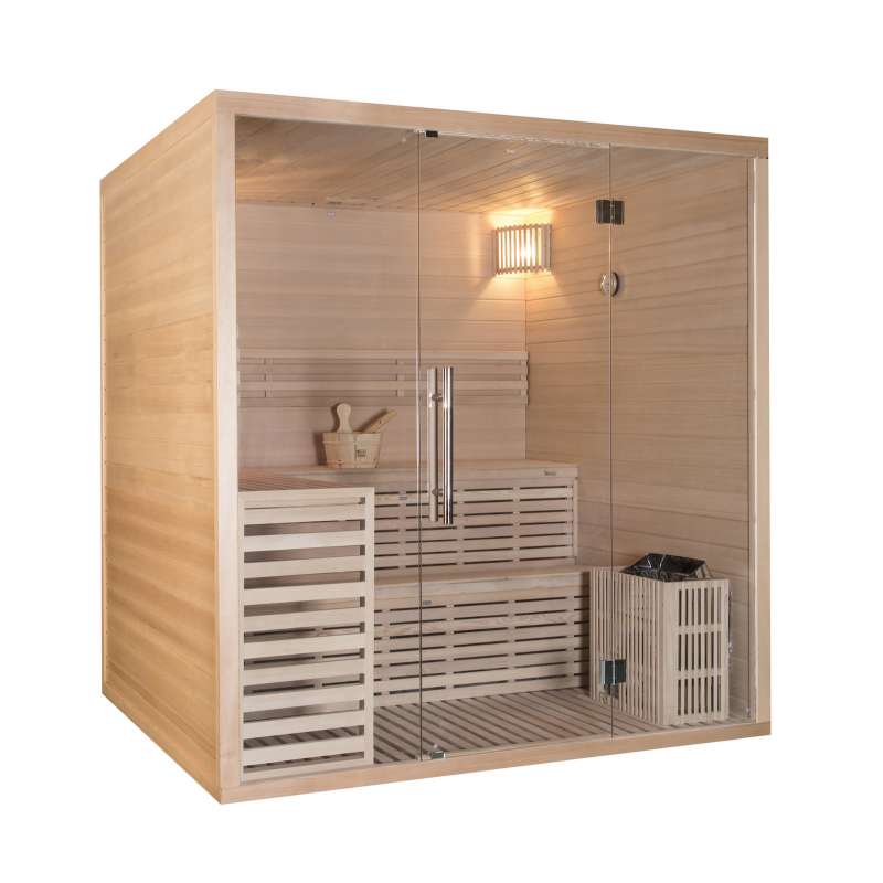 Wellis Calidus Hemlock finnische Sauna 200x170x210cm Komplett-Set inkl. Saunaofen Saunazubehör