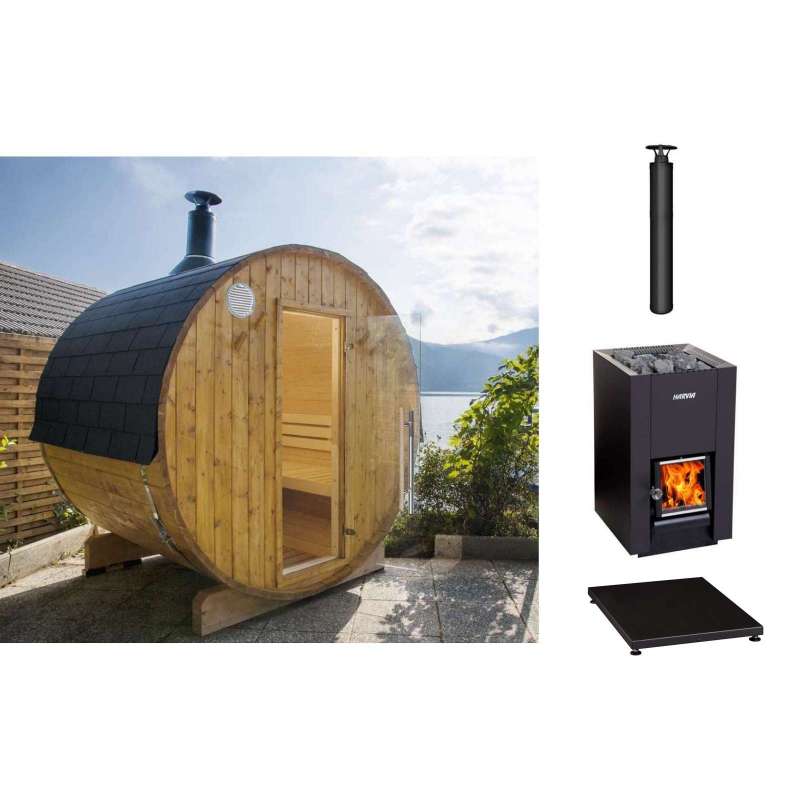 Harvia Kammi 220 Saunafass Komplett-Set mit Holzofen und Schornstein 220 x 220 cm Outdoorsauna aus F