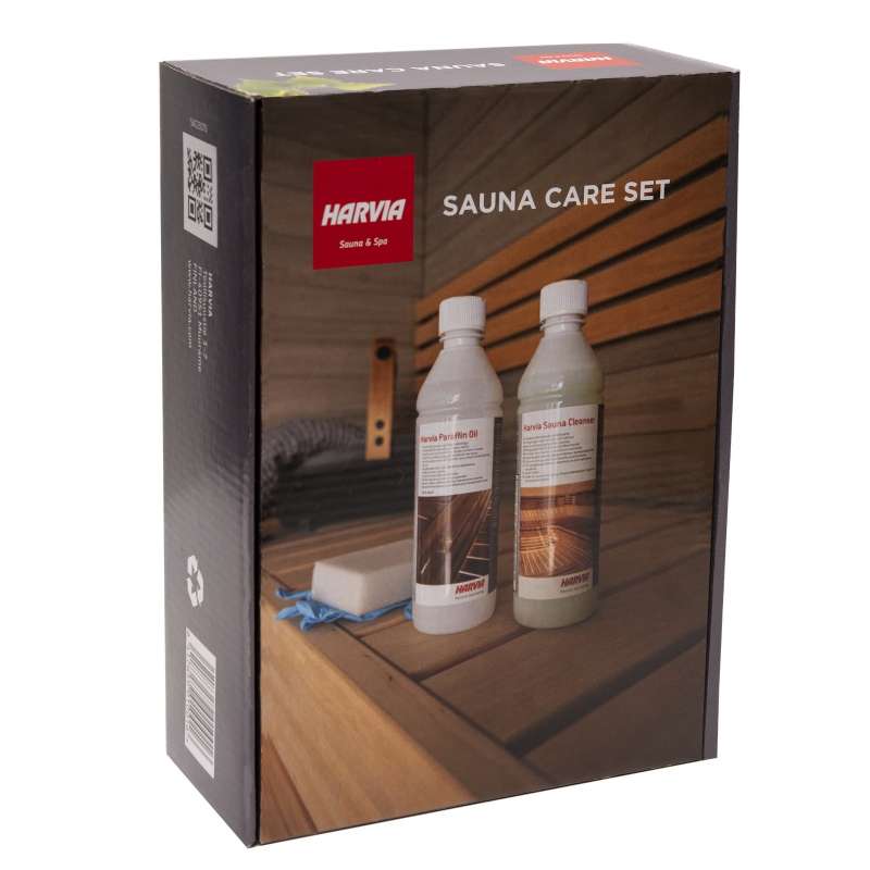Harvia Sauna Care Set Sauna Reinigungsset Paraffinöl, Saunareiniger, Schwamm, Handschuhe