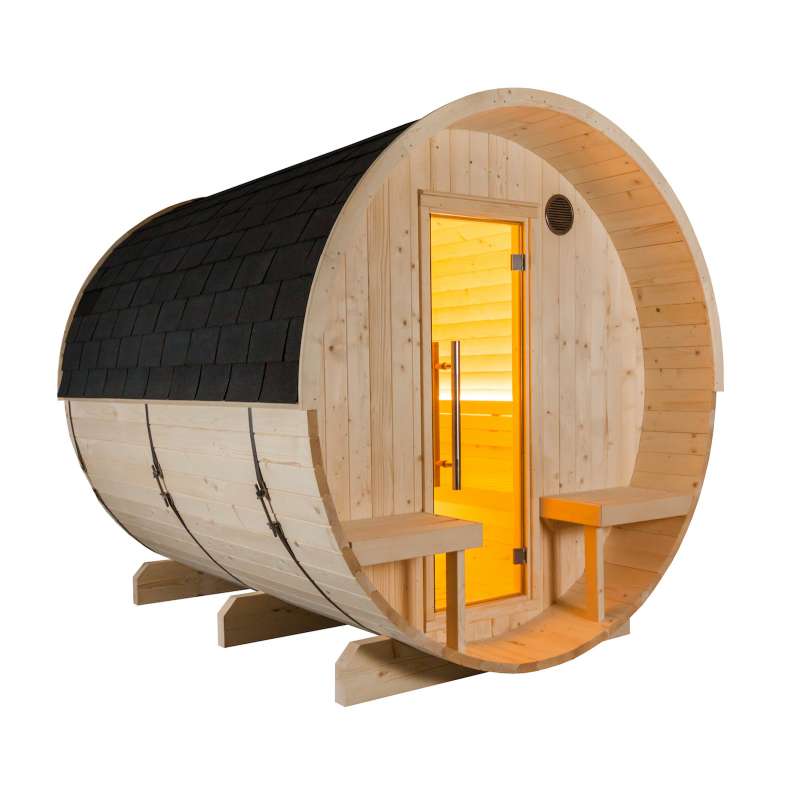 Sentiotec Kuusi 240 Canopy Fasssauna aus Fichte Gartensauna mit Dacheindeckung Ø 220 x 240 cm